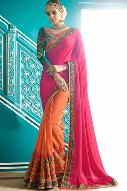rose et orange en satin de soie sari