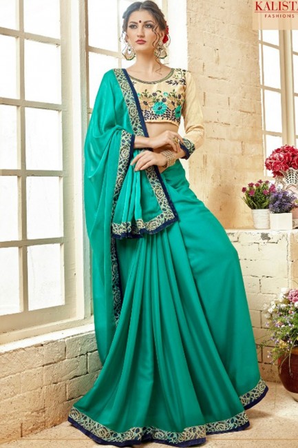 couleur bleu turquoise en georgette de soie sari