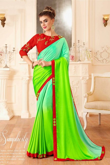 vert perroquet mer et couleur vert tendre sari de soie