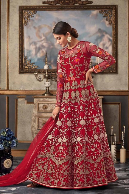 Costume s Anarkali Net rouge