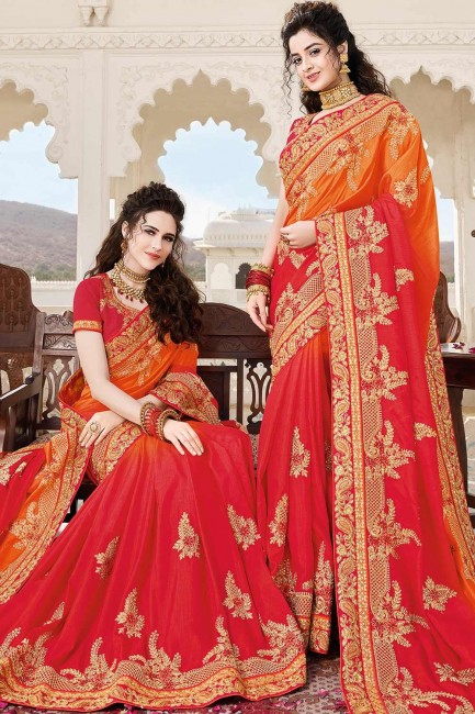 Saris orange en soie rouge