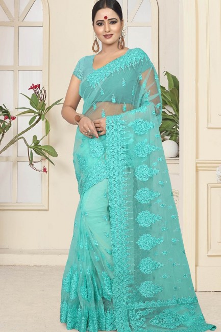 Net sari bleu turquoise