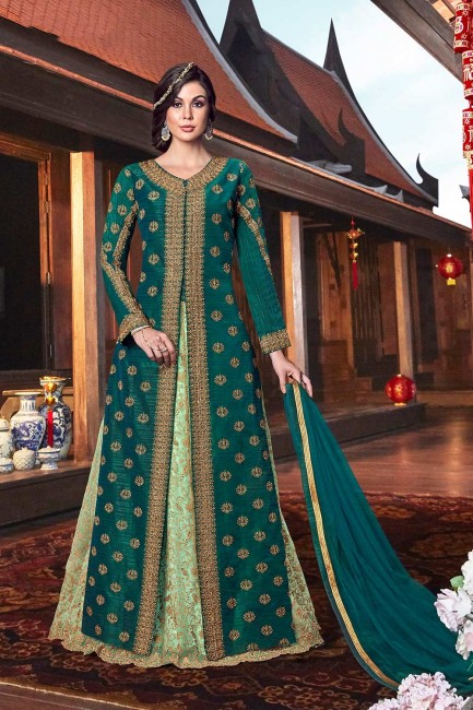 Costume s Anarkali en soie Art vert sarcelle