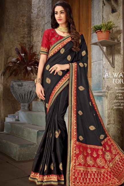 Jacquard rouge, noir, soie et sari en soie d'art