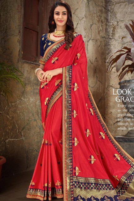 Jacquard bleu royal rouge, soie et sari en soie d'art