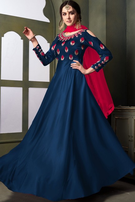 Costume Anarkali en satin bleu et soie