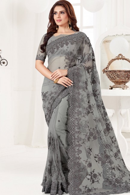 Grey Net sari