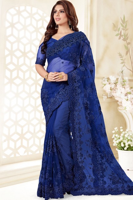 Net sari bleu royal