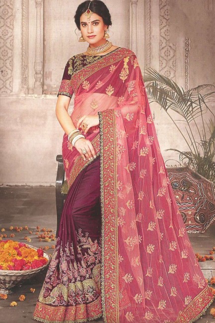 Filet rose et rose magenta et sari en soie d'art