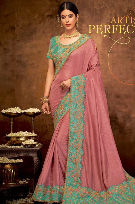 Georgette rose poussiéreux et sari de soie