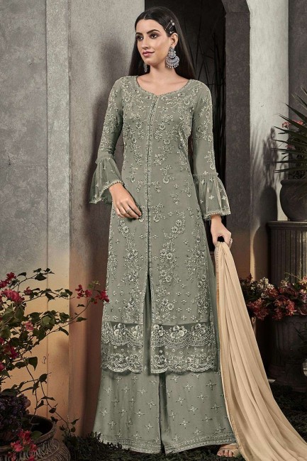 costume s palazzo en georgette gris turquoise
