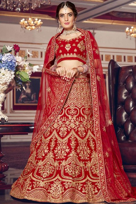 lehenga choli de mariée en velours rouge