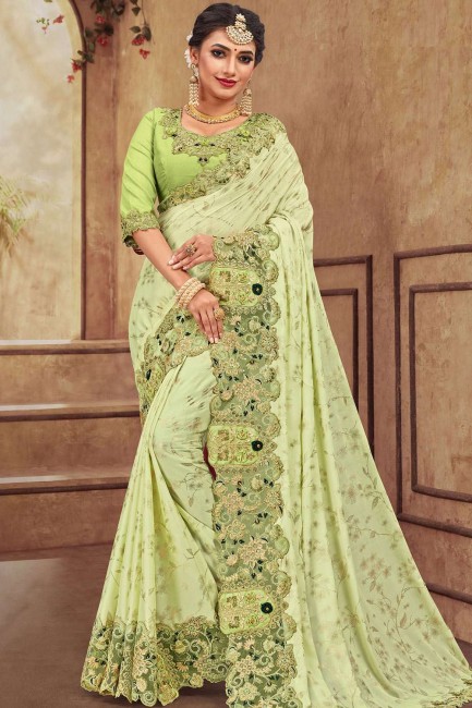 sari en georgette vert clair et satin