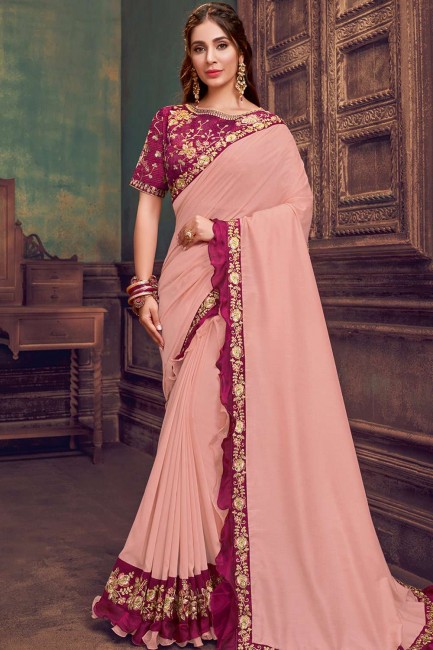 Baby pink Georgette and silk Party Wear Saree