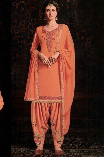 Costume Patiala En Coton Orange Et Satin