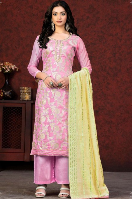 salwar kameez en coton rose clair avec tissage