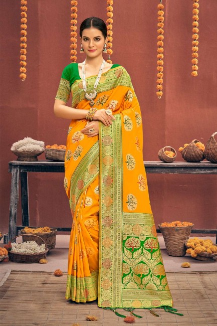 tissage de soie banarasi sari banarasi jaune avec chemisier