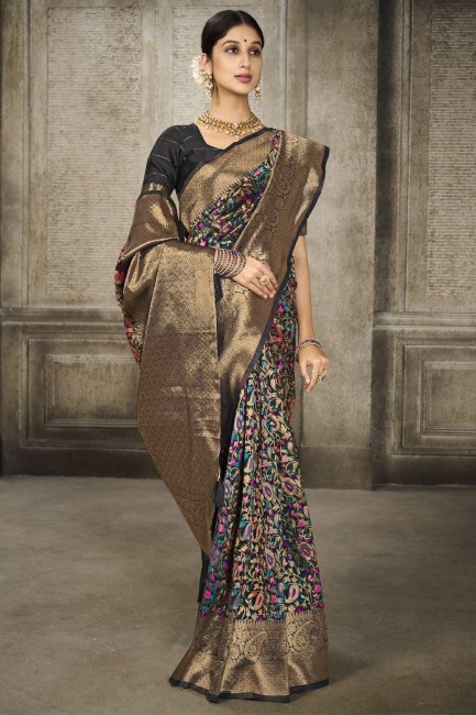 Saris de soie Banarasi avec tissage en noir