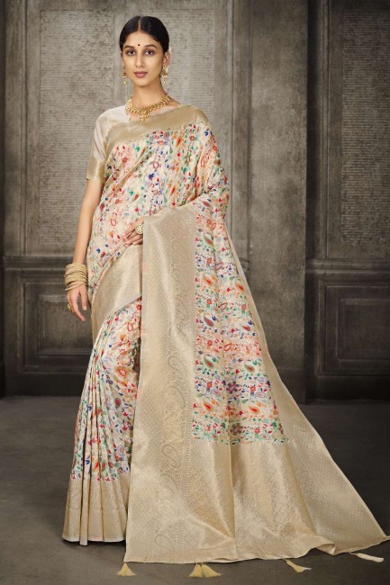 sari en soie banarasi avec tissage en blanc