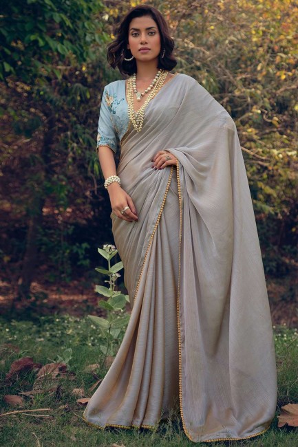 sari en soie d'art de bordure en dentelle en gris avec chemisier