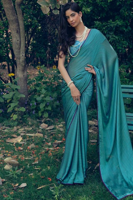 sari en soie art avec bordure en dentelle bleu sarcelle