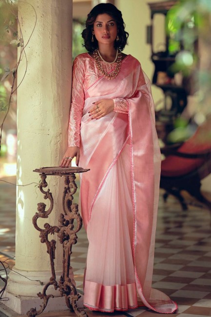sari en organza rose avec tissage