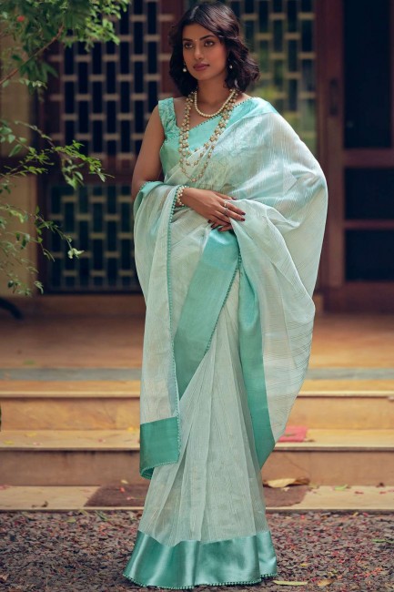 tissage de sari en organza bleu ciel