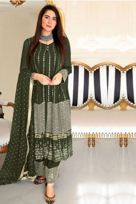 Georgette Anarkali Costume brodé en vert Mehndi