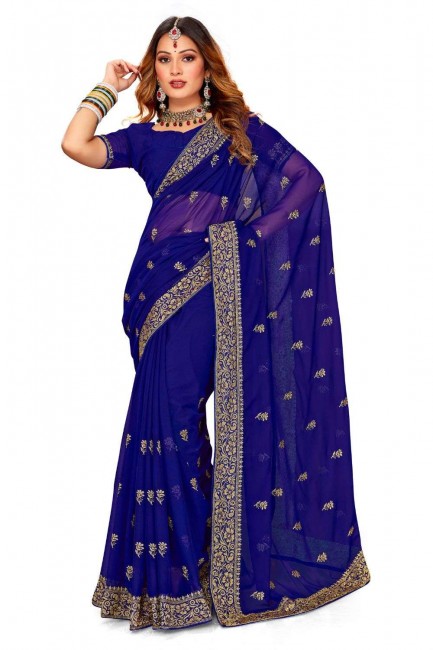 fil, brodé, bordure en dentelle georgette party wear sari en bleu marine