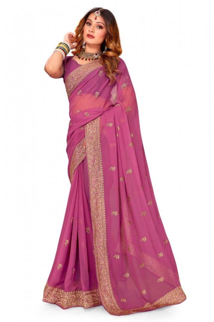 fil, brodé, bordure en dentelle georgette party wear sari en gajari poussiéreux avec chemisier