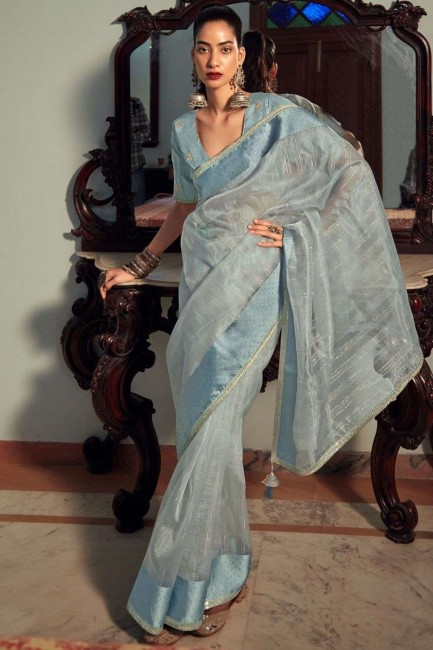 organza tissage sari bleu ciel avec chemisier