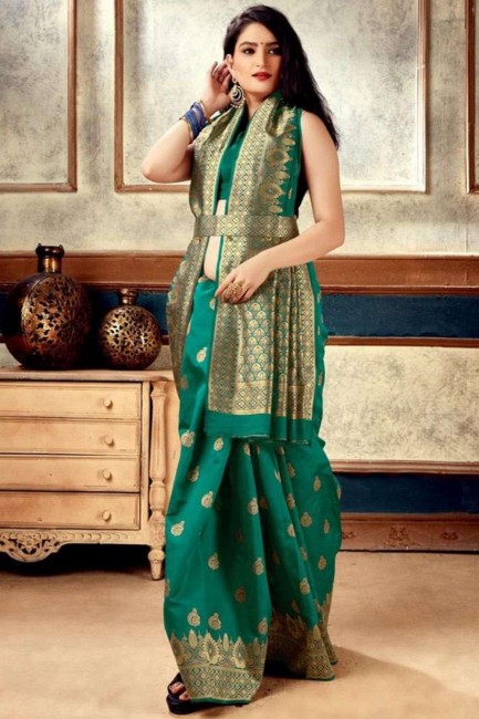 Saris de banarasi turquoise avec zari, tissage de soie Banarasi
