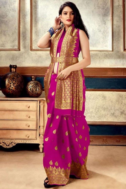 Zari, tissage de soie banarasi magenta banarasi sari avec chemisier