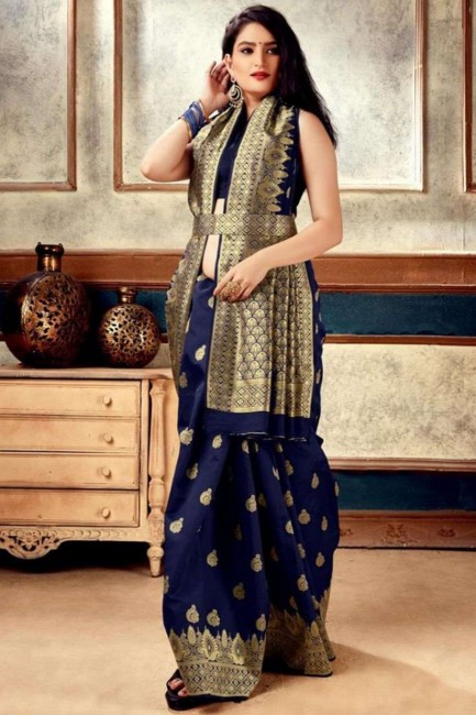 banarasi sari en soie banarasi bleue avec zari, tissage