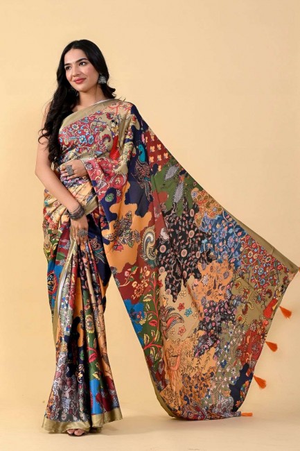 sari imprimé numérique en soie bleue et noire