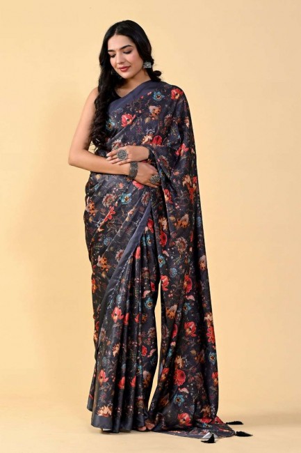 sari noir en soie à impression numérique avec chemisier