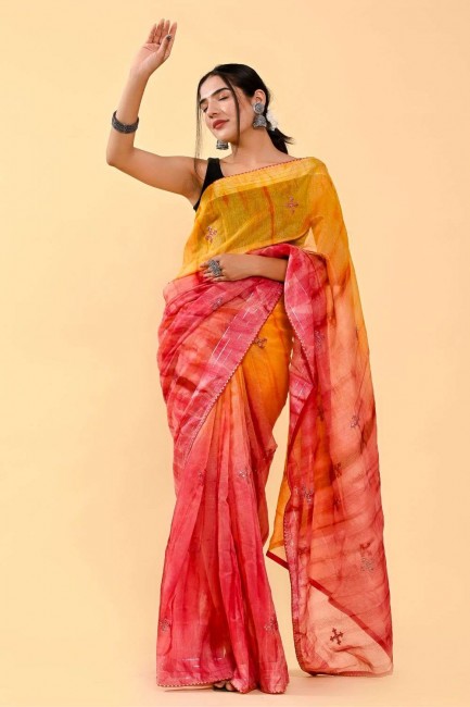 orange moutarde, patch rose, fil, sari en coton brodé