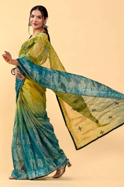 patch, fil, sari de coton brodé en vert avec chemisier