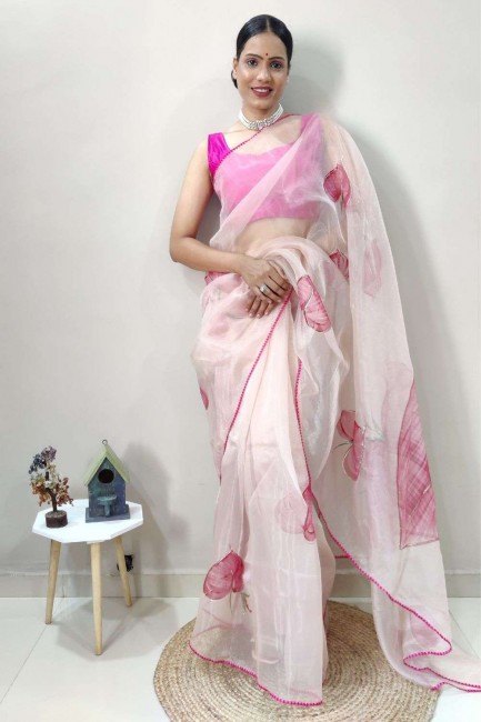 organza rose sari à la main, imprimé