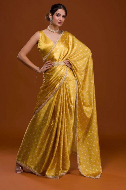 sari jaune satiné en imprimé numérique brodé