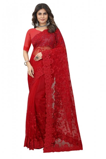 sari de mariage en filet rouge avec broderie
