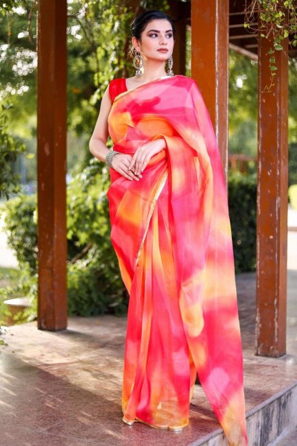 Sari multicolore en organza en paillettes, bordure en dentelle, impression numérique