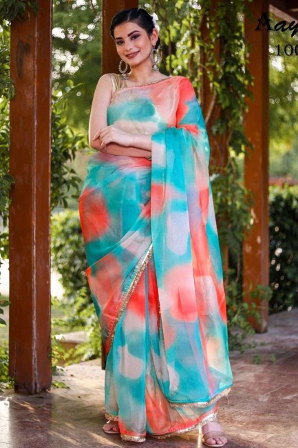 paillettes, bordure en dentelle, sari en organza à impression numérique multicolore avec chemisier