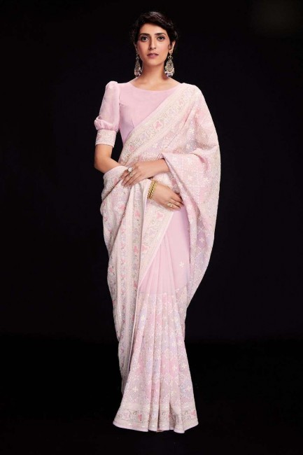 Saris rose en paillettes Georgette