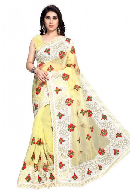 sari en organza jaune avec imprimé