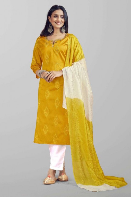 salwar kameez jaune avec tissage de soie