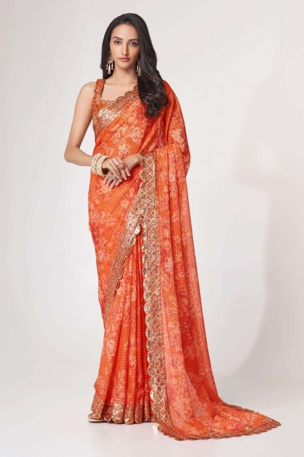Paillettes d'organza, brodées, sari orange à impression numérique avec chemisier
