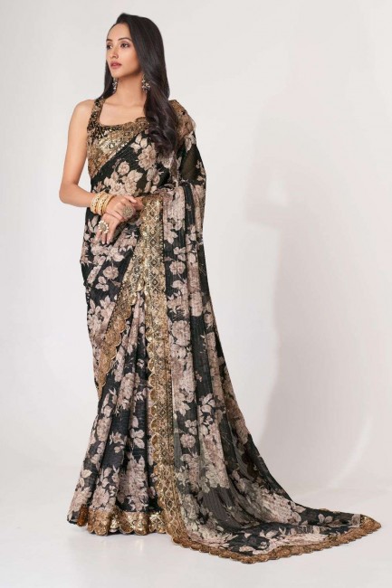 sari noir à paillettes, brodé, organza à impression numérique