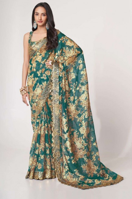 sequins, brodés, sari en organza à impression numérique en bleu sarcelle