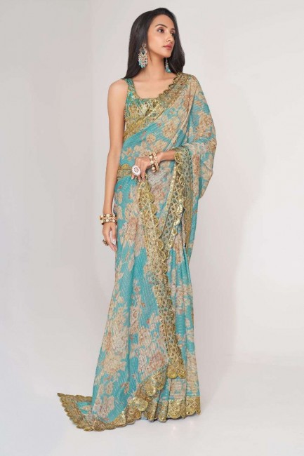 sari bleu ciel à paillettes, brodé, organza à impression numérique